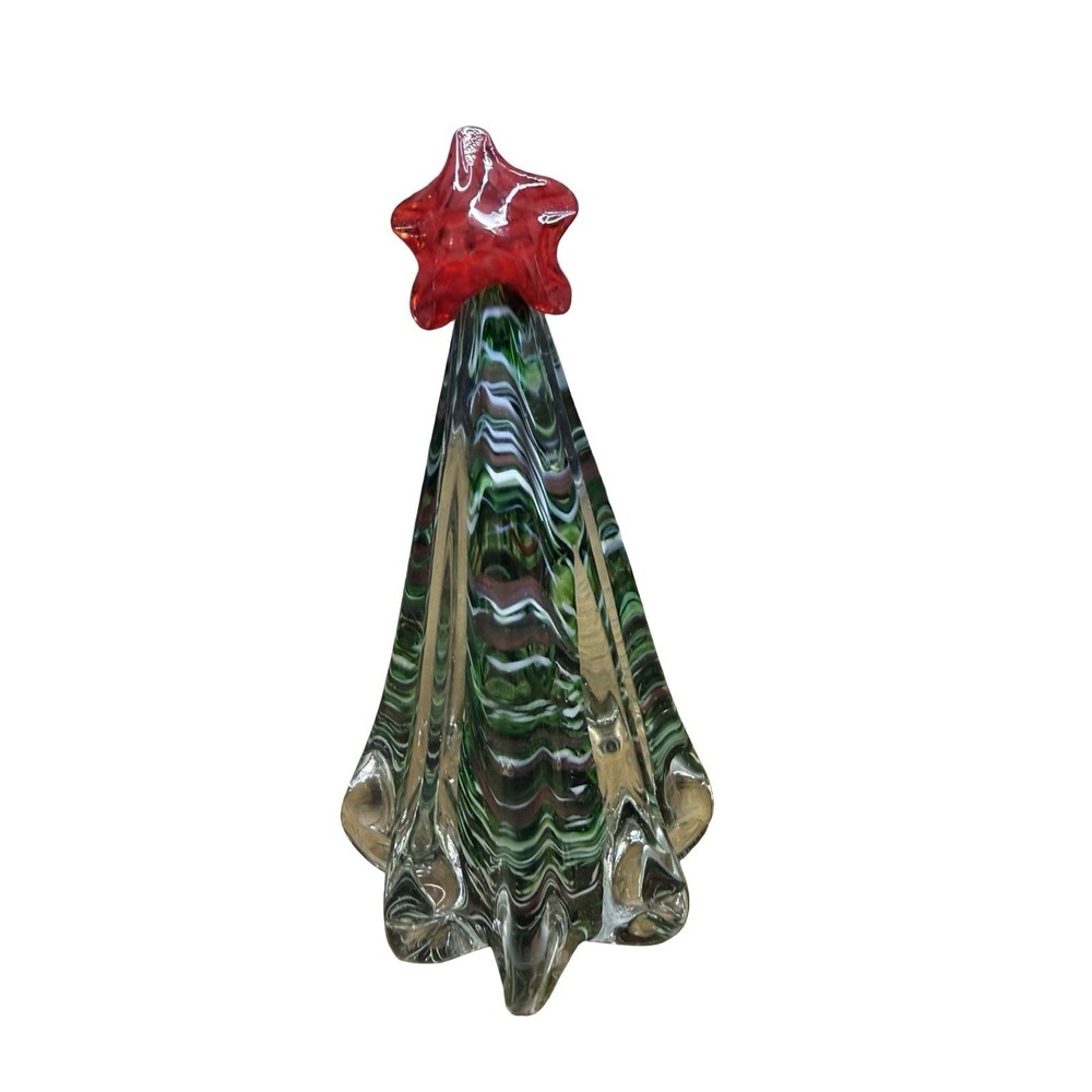 6" Art Glass Christmas Tree Sculpture With Green Red and White Streaks signed